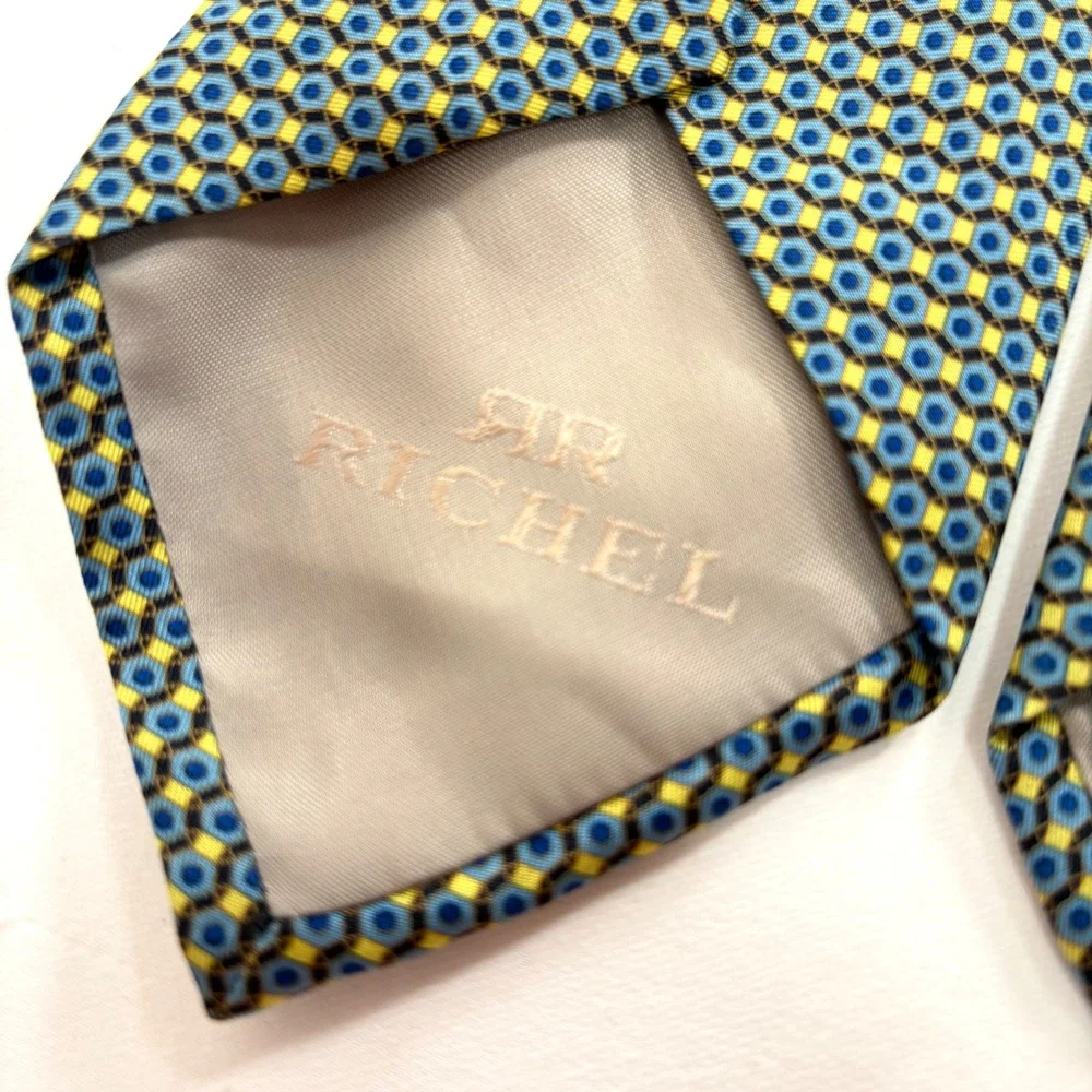 Richel Necktie Blue Yellow Geometric Honeycomb Silk Hand Made Spain